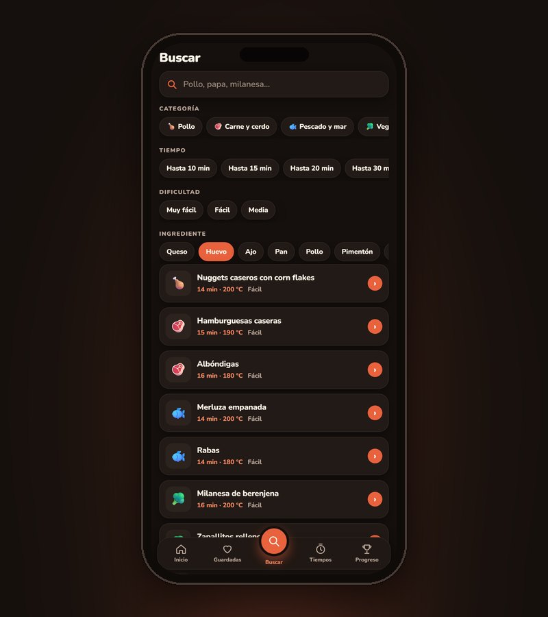 El buscador de la app filtrando recetas por un ingrediente