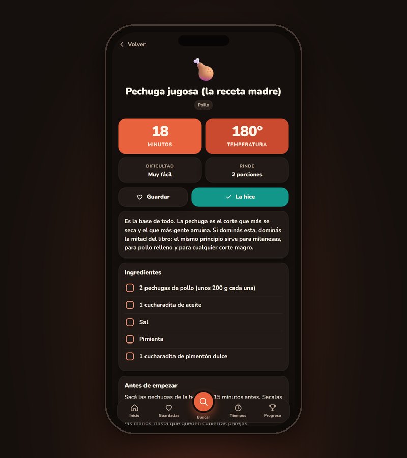 Una receta abierta en la app con el minuto y la temperatura en grande