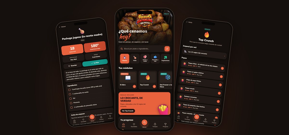 La app Freidora Sin Vueltas abierta en el celular: una receta, el inicio y Top Crunch